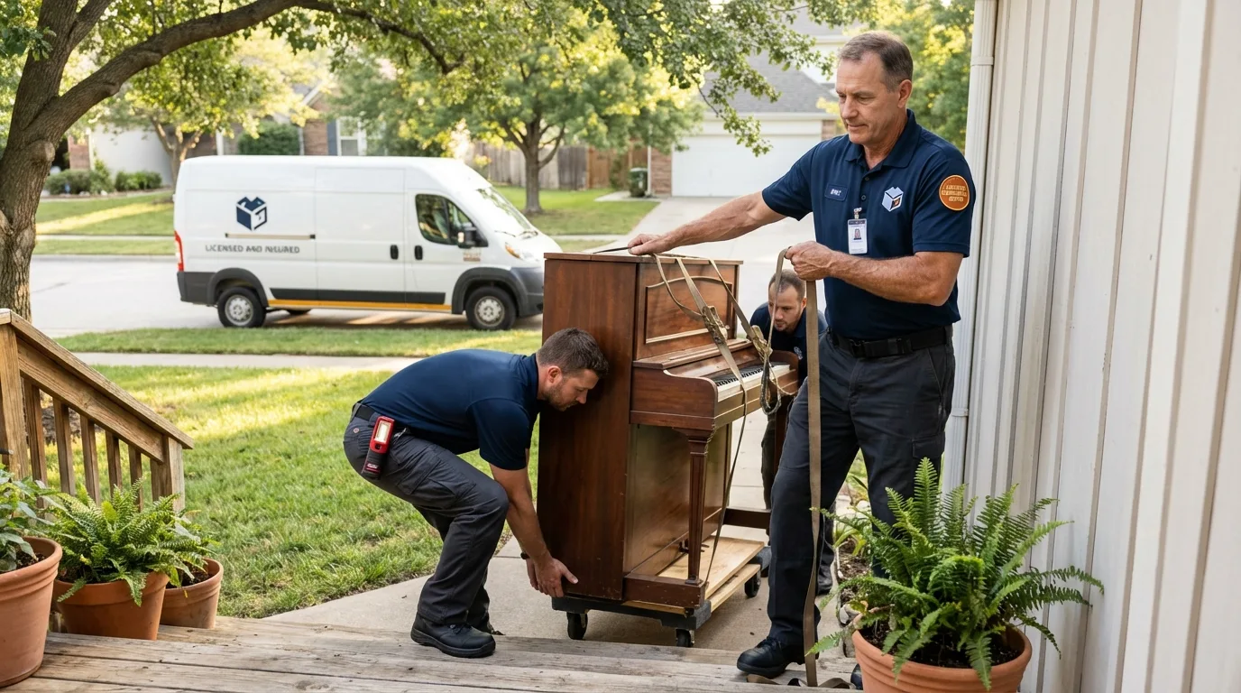 Licensed piano movers securing grand piano in Blowing Rock, NC