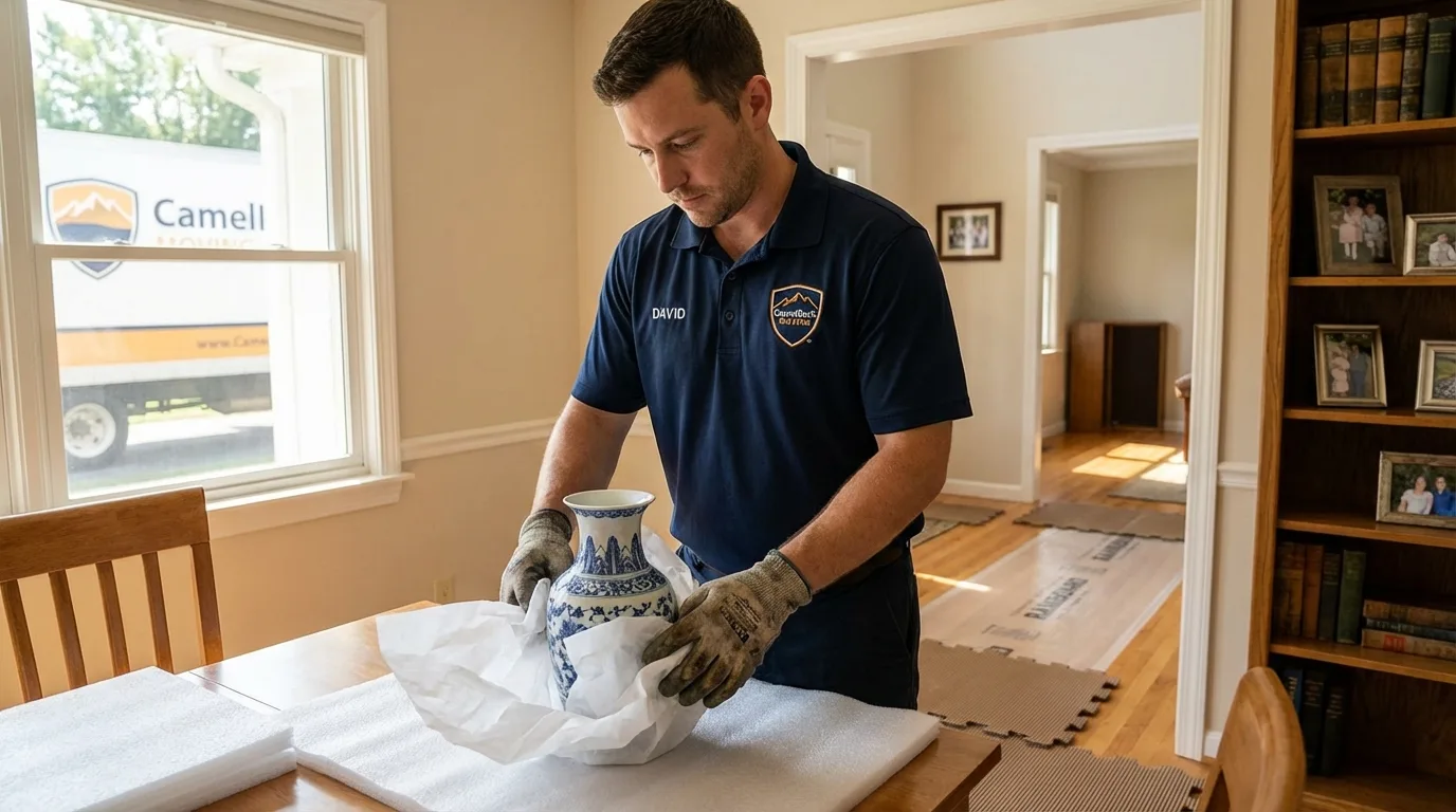 Professional crew carefully wrapping antique vase for senior downsizing move in Blowing Rock, NC